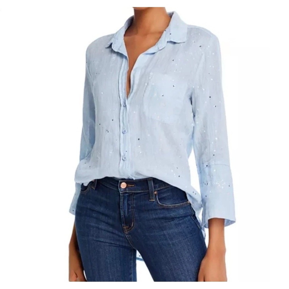 Bella Dahl Paint Splattered Linen Light Blue 3/4 Sleeve Button Shirt XL